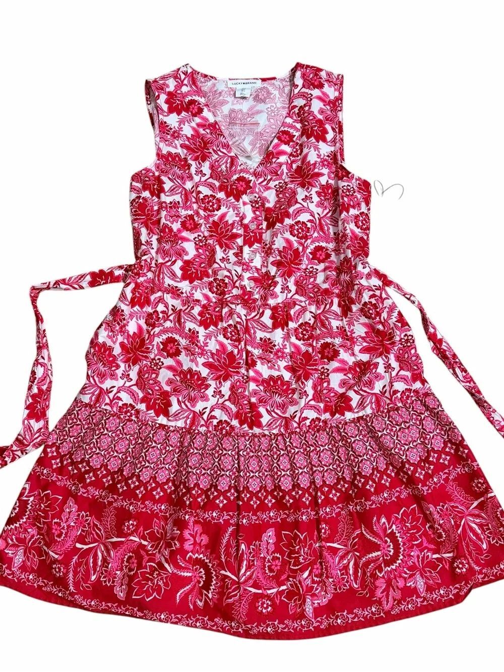 Lucky Brand Floral Dress Red Pink Sleeveless Tie Waist Boho Cotton SMALL NWT